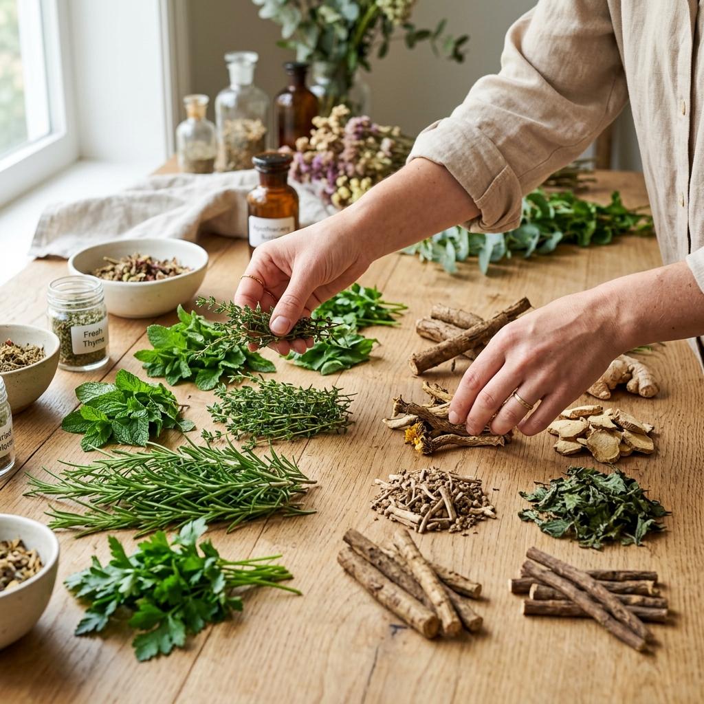Hands sorting fresh herbs